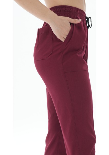 Lycra Bordo Likralı Tek Pantolon Scrubs Cerrahi Pantolon