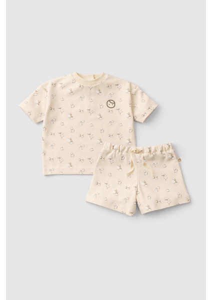 Organik Pamuklu Bebek Şort Takımı Küçük Pamuk Desenli