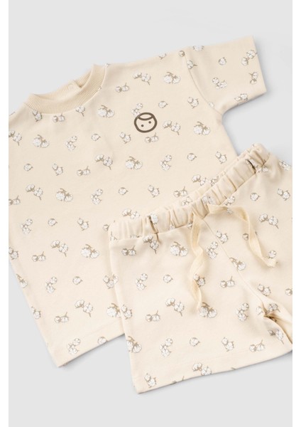 Organik Pamuklu Bebek Şort Takımı Küçük Pamuk Desenli fırsatları