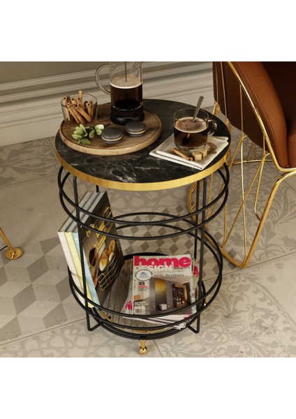 Sehpa Avangart Gold Ayaklı Çelik Yan Orta Sehpa Gold Rafli Modern Metal Zigon Sehpa Çiçeklik