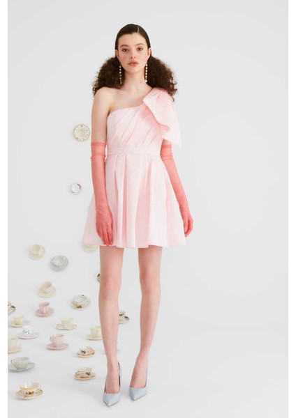 Tek Omuzlu Mini Elbise Toz Pembe Y2211309_278