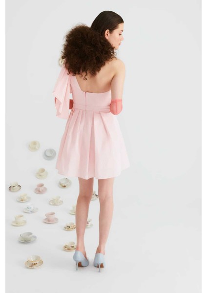 Tek Omuzlu Mini Elbise Toz Pembe Y2211309_278