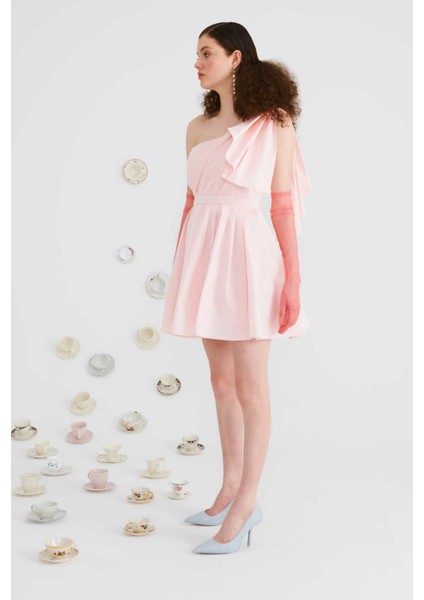 Tek Omuzlu Mini Elbise Toz Pembe Y2211309_278
