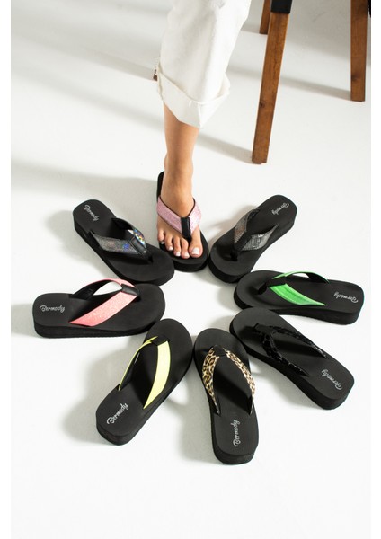 Platform Siyah Sarı Kadın Şık Parmak Arası Plaj Terlik Flip Flops