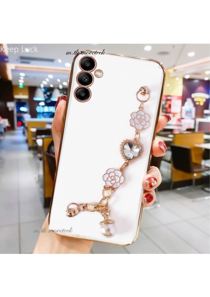 Samsung Galaxy A34 5g Uyumlu Kılıf Kamera Korumalı Parlak Gold Kenar Kristal Taşlı Arkası Bileklikli Renkli
