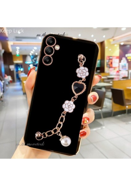 Samsung Galaxy A54 5g Uyumlu Kılıf Kamera Korumalı Parlak Gold Kenar Kristal Taşlı Arkası Bileklikli Renkli