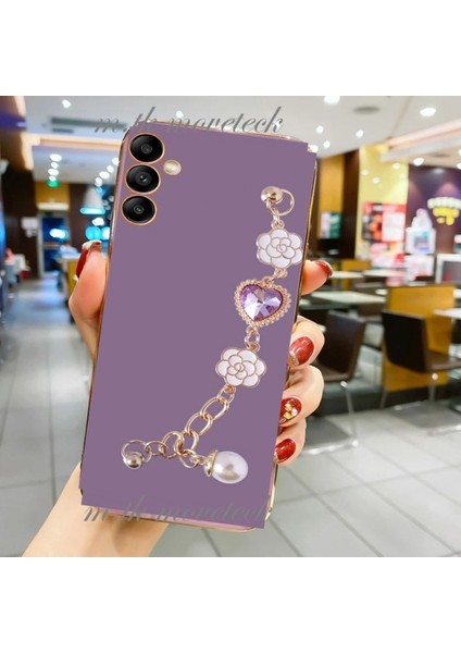 Samsung Galaxy A54 5g Uyumlu Kılıf Kamera Korumalı Parlak Gold Kenar Kristal Taşlı Arkası Bileklikli Renkli
