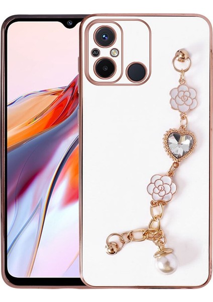 Xiaomi Redmi 12C Uyumlu Kılıf Kamera Korumalı Parlak Gold Kenarlı Taşlı El Tutamaçlı Bilezikli Kalp