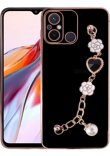 Xiaomi Redmi 12C Uyumlu Kılıf Kamera Korumalı Parlak Gold Kenarlı Taşlı El Tutamaçlı Bilezikli Kalp