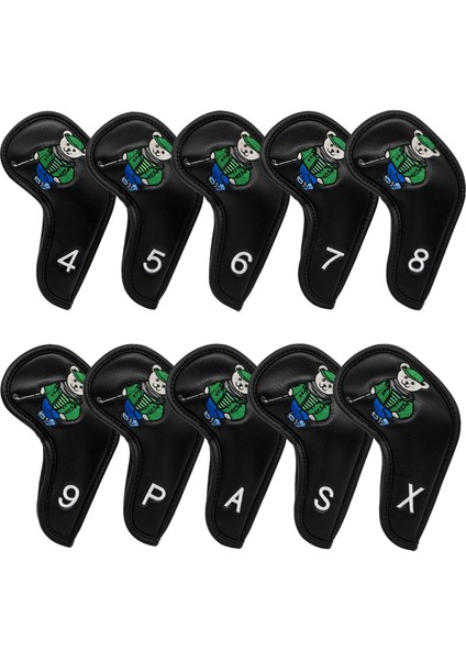 10PCS Golf Demir Headcover Golf Kama Demir Koruyucu Başlık, Işlemeli 4-9, P, S, A, X, Baş Koruyucu, Siyah (Yurt Dışından)
