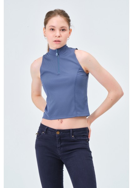 Asena Mila Yakası Fermuarlı Kaşkorse Fıtted/vücuda Oturan Denim Mavi Crop