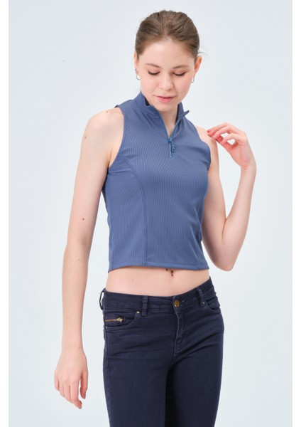 Asena Mila Yakası Fermuarlı Kaşkorse Fıtted/vücuda Oturan Denim Mavi Crop