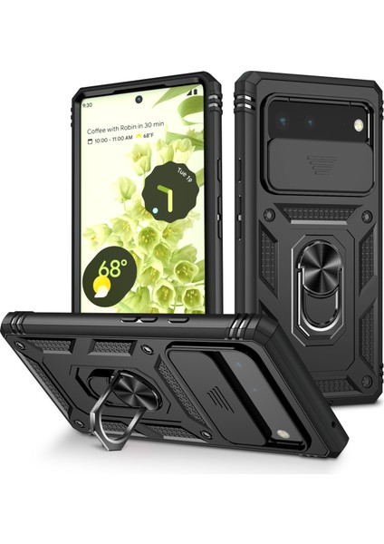 Google Pixel 6 Için Kayar Lens Koruyucu Halka Standlı Telefon Kılıfı - Siyah (Yurt Dışından)