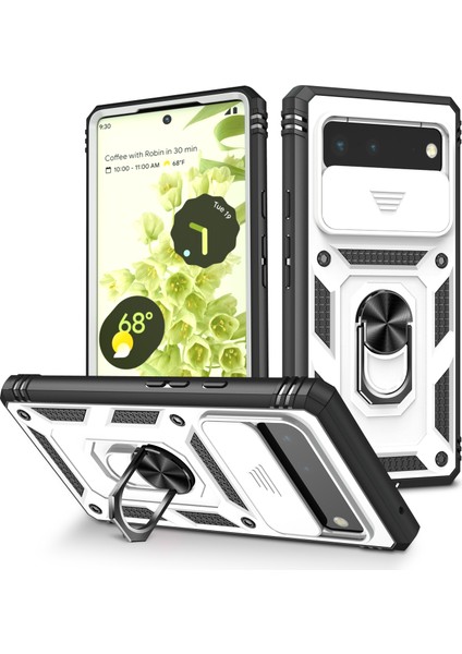 Google Pixel 6 Için Kayar Lens Koruyucu Halka Standlı Telefon Kılıfı - Beyaz (Yurt Dışından)