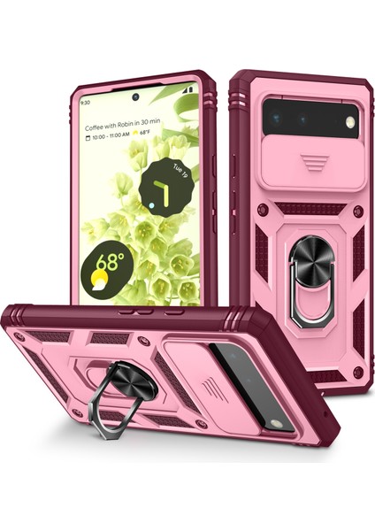 Google Pixel 6 Için Kayar Lens Koruyucu Halka Standlı Telefon Kılıfı - Kırmızı / Pembe (Yurt Dışından)