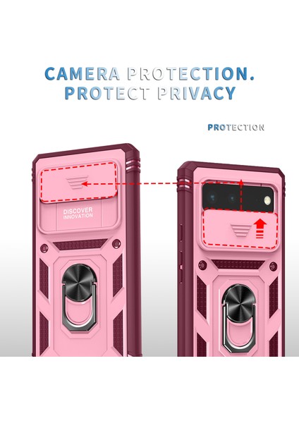 Google Pixel 6 Için Kayar Lens Koruyucu Halka Standlı Telefon Kılıfı - Kırmızı / Pembe (Yurt Dışından) fiyatları