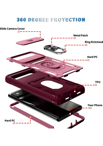 Google Pixel 6 Için Kayar Lens Koruyucu Halka Standlı Telefon Kılıfı - Kırmızı / Pembe (Yurt Dışından) indirimleri