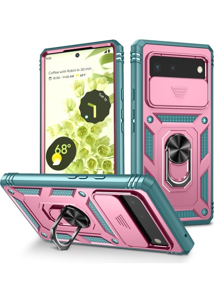 Google Pixel 6 Için Kayar Lens Koruyucu Halka Standlı Telefon Kılıfı - Yeşil / Pembe (Yurt Dışından)