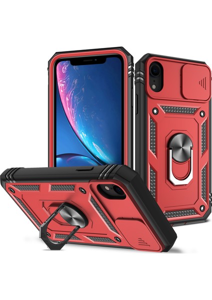 Apple iPhone Xr Için Kayar Lens Koruyucu Halka Standlı Telefon Kılıfı - Kırmızı (Yurt Dışından)