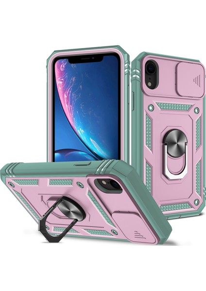 Apple iPhone Xr Için Kayar Lens Koruyucu Halka Standlı Telefon Kılıfı - Yeşil / Pembe (Yurt Dışından)