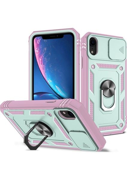 Apple iPhone Xr Için Kayar Lens Koruyucu Halka Standlı Telefon Kılıfı - Pembe / Mavi (Yurt Dışından)