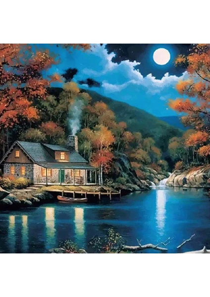 Moonlight Gölü Kabin Dıy Elmas Mozaik Tablo Mozaik Puzzle 30X30 cm Dekorları Tablo (Yurt Dışından)