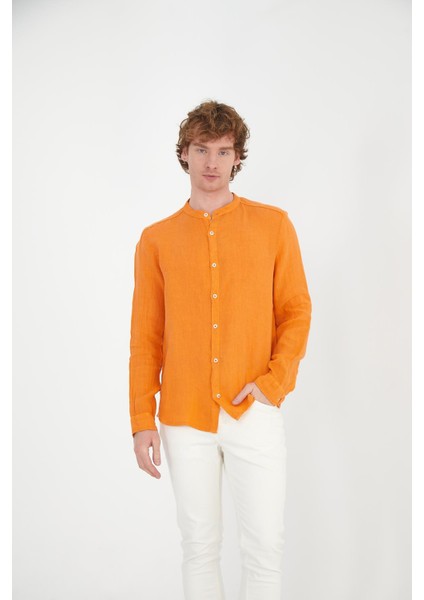 Erkek Regular Fit Hakim Yaka %100 Keten Uzun Kollu Gömlek