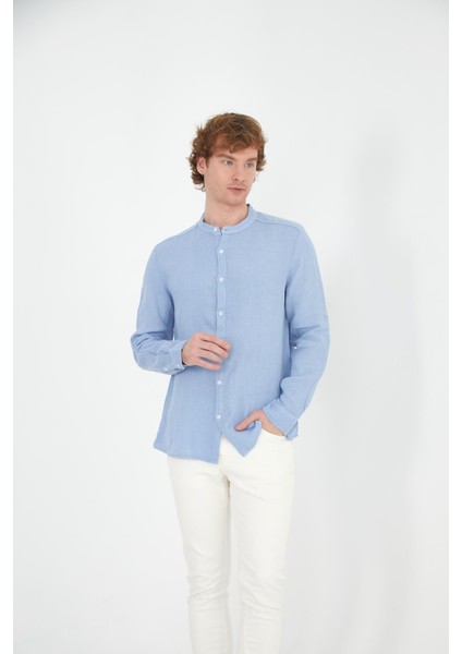 Erkek Regular Fit Hakim Yaka %100 Keten Uzun Kollu Gömlek