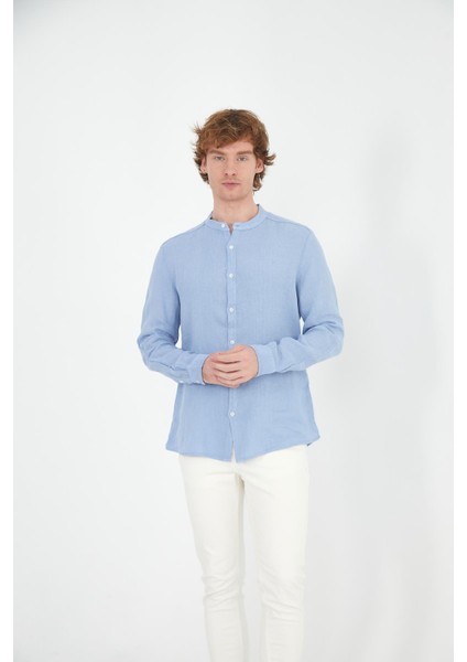 Erkek Regular Fit Hakim Yaka %100 Keten Uzun Kollu Gömlek fırsatları