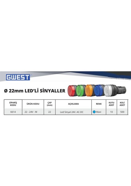 22MM Mavi 24V. Sinyal Lambası