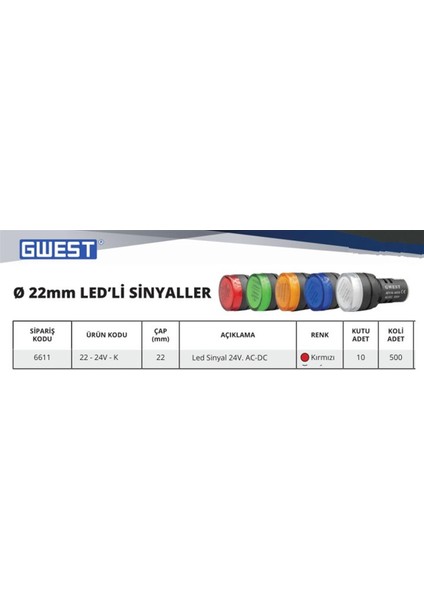 22MM Kırmızı 24V. Sinyal Lambası