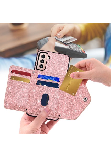 Samsung Galaxy S23 Kickstand Card Tutucu Deri Kaplamalı Tpu Kapağı Omuz Kayışı ile Glitter Telefon Kılıfı (Yurt Dışından) fiyatları