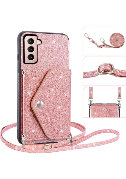 Samsung Galaxy S23 Kickstand Card Tutucu Deri Kaplamalı Tpu Kapağı Omuz Kayışı ile Glitter Telefon Kılıfı (Yurt Dışından) fırsatları