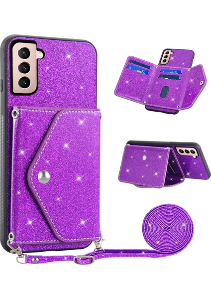 Samsung Galaxy S23 Kickstand Card Tutucu Deri Kaplamalı Tpu Kapağı Omuz Kayışı ile Glitter Telefon Kılıfı (Yurt Dışından)