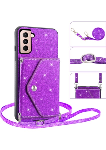 Samsung Galaxy S23 Kickstand Card Tutucu Deri Kaplamalı Tpu Kapağı Omuz Kayışı ile Glitter Telefon Kılıfı (Yurt Dışından) fırsatları