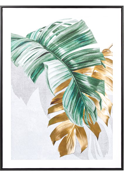Siyah Ahşap Çerçeveli Palmiye Yaprağı Kanvas Tablo Gold-Yeşil 60X3X80
