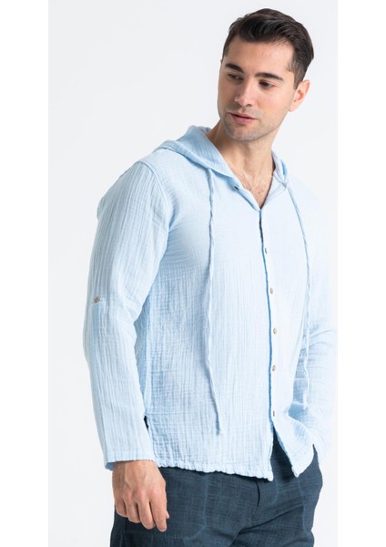 Uzun Kol Erkek Kapüşonlu Yazlık Müslin Sweatshirt Buz Mavi Bmv