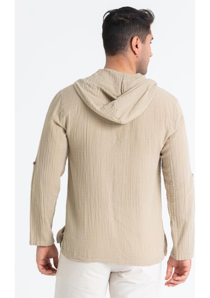 Uzun Kol Erkek Kapüşonlu Yazlık Müslin Sweatshirt Vizon Vzn