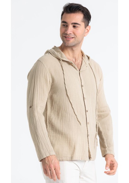 Uzun Kol Erkek Kapüşonlu Yazlık Müslin Sweatshirt Vizon Vzn