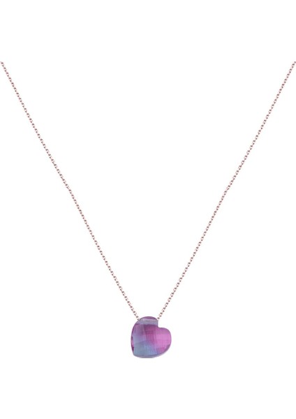 Pembe Mavi Renk Geçişli Kalpli 925 Ayar Kadın Gümüş Kolye Rose Gold Zincirli