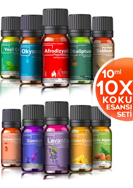 Oda Kokusu Seti 10'lu Esansiyel Uçucu Yağ Buhurdanlık Yağı Difüzör Esansı Aromaterapi Ortam Kokusu 10X10=100 ml