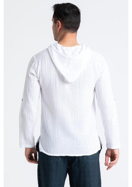 Uzun Kol Erkek Kapüşonlu Yazlık Müslin Sweatshirt Beyaz Byz
