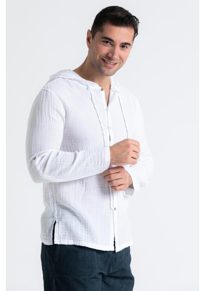 Uzun Kol Erkek Kapüşonlu Yazlık Müslin Sweatshirt Beyaz Byz