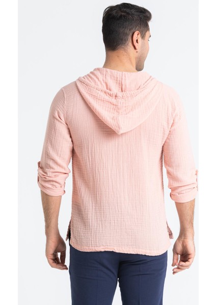 Uzun Kol Erkek Kapüşonlu Yazlık Müslin Sweatshirt Pudra Pdr