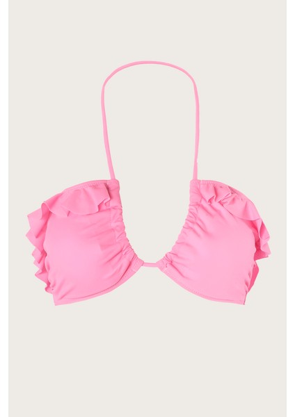 Pembe Volanlı Straplez Tek Üst Bikini