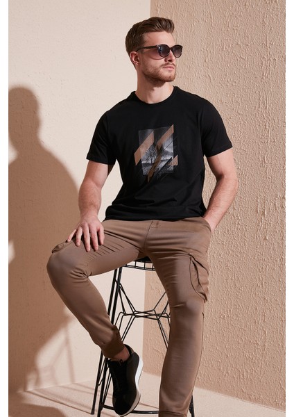 Baskılı Pamuk Bisiklet Yaka Slim Fit T Shirt Erkek T Shirt 646B3890