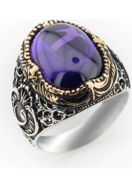 925 Ayar Gümüş Mor Zirkon Taşlı Vav Detaylı Erkek Yüzük fiyatları