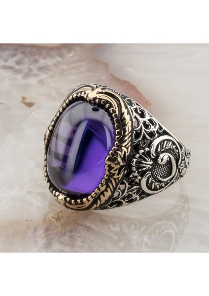 925 Ayar Gümüş Mor Zirkon Taşlı Vav Detaylı Erkek Yüzük modelleri