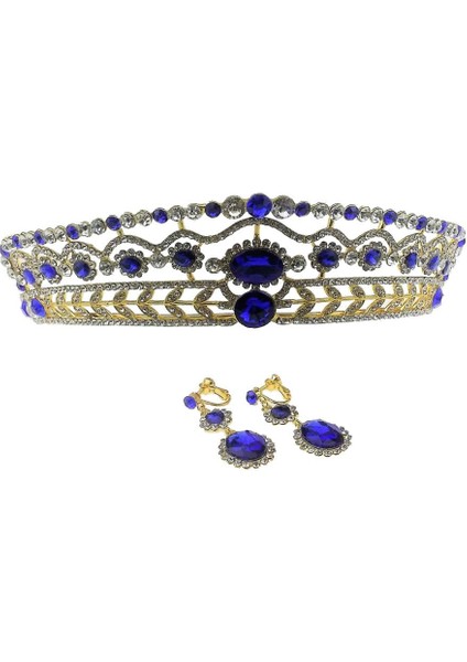 Gelin Mücevher Seti Crystal Tiara Head Band Küpe Düğün Aksesuar - Mavi (Yurt Dışından)