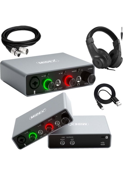 GLX-700GR-H Üst Segment USB Stüdyo Ses Kartı 2 Giriş 2 Çıkış 24BIT/192KHZ (Kulaklık ve Kablo Dahil)